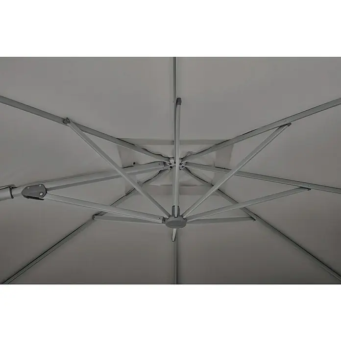 Suncomfort Ampelschirm Varioflex - Steingrau, Bespannungsmaß (L x B): 300 x 300 cm - Detailaufnahme von der Unterseite eines grauen Sonnenschirms mit einem stabilen Gestell für optimalen Sonnenschutz im Freien.