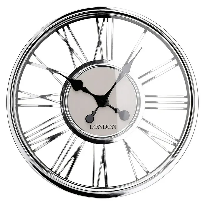 Reloj de pared con cristal - Diámetro: 44 cm, 44 x 44 cm, Plateado - Elegante reloj de pared de Londres con números romanos y marco plateado. Diseño atemporal para acentos elegantes en cualquier habitación.