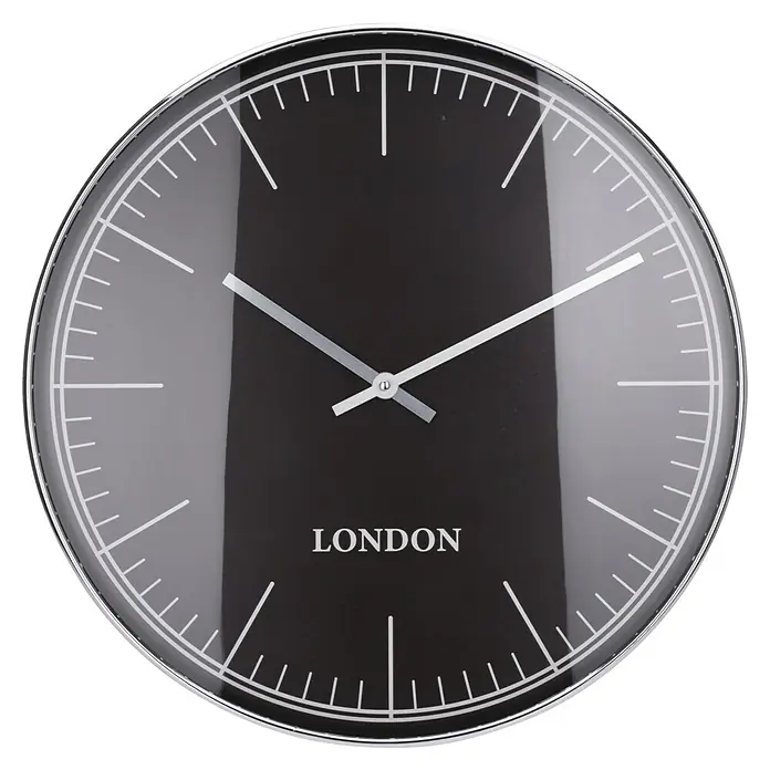 Reloj de pared Minimalista - Diámetro: 50 cm, 50 x 50 cm, Negro/Plateado - Reloj de pared con esfera negra y manecillas plateadas. La palabra "London" se muestra en la parte inferior central de la esfera.
