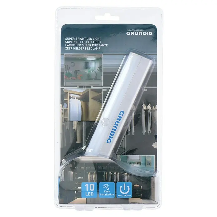 Luz de armario LED Super Bright - Blanco - Imagen de un paquete de una luz LED Grundig con la inscripción "Super Bright LED Light".