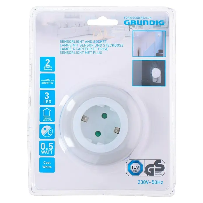 Luz de noche LED con sensor y enchufe - L x An x Al: 7,2 x 8,2 x 8,2 cm, Blanco frío - Embalaje de una luz con sensor y enchufe combinados de Grundig con 0,5 vatios, ideal para uso en interiores.