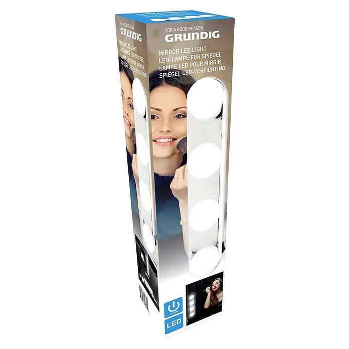 Luz LED frontal Espejo - L x An x Al: 6 x 7 x 31 cm - Paquete del producto para una luz LED de espejo GRUNDIG, ideal para una aplicación precisa de maquillaje y una buena iluminación facial.