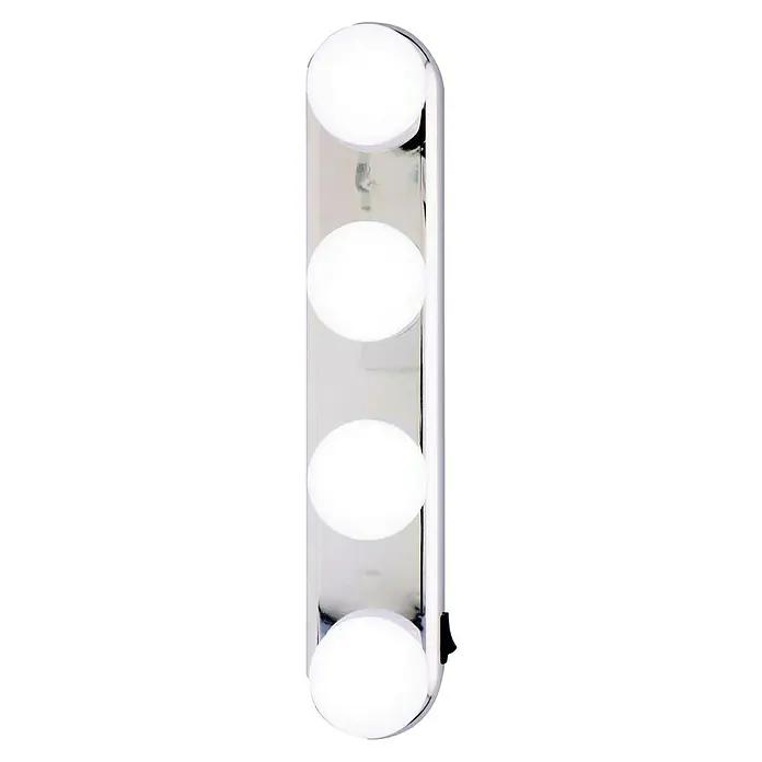 Luz LED frontal Espejo - L x An x Al: 6 x 7 x 31 cm - La imagen muestra una luz LED con cuatro bombillas redondas y brillantes, enmarcadas en un marco plateado elegante. Ideal para un ambiente moderno.