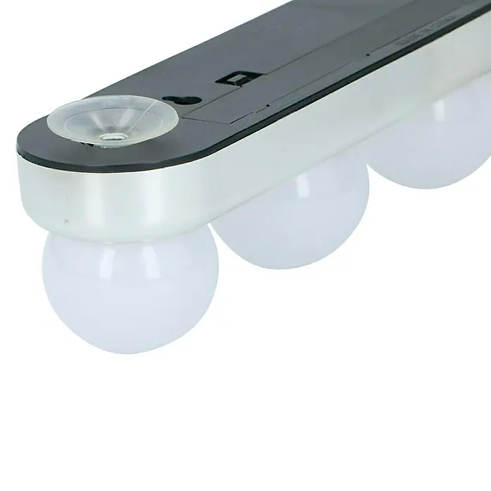 Luz LED frontal Espejo - L x An x Al: 6 x 7 x 31 cm - Esta toma muestra una luz de tocador portátil que funciona con baterías con ventosas, con tres bombillas LED redondas.