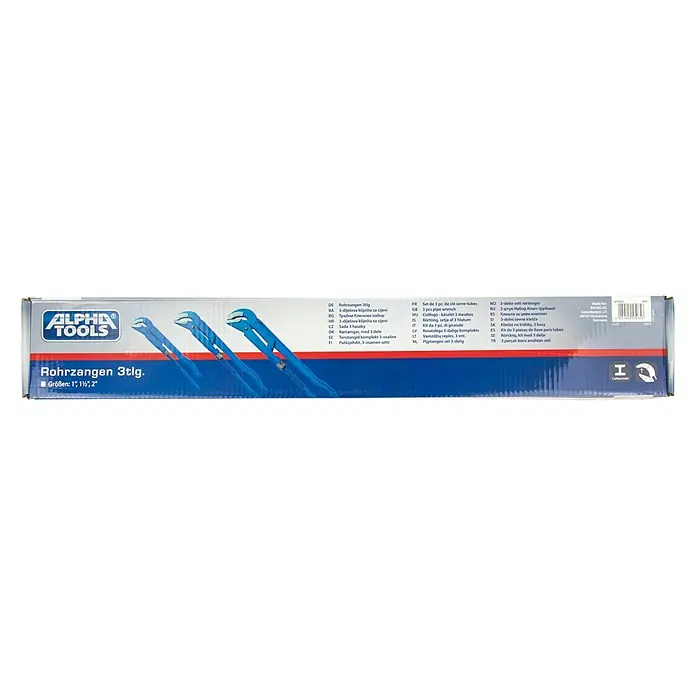 Alpha Tools Wasserpumpenzange - 3 -tlg., Stahl - Bild einer Alpha Tools Rohrzange 3-teilig, Größen 1", 1½", 2", ideal für Sanitärinstallationen und Reparaturen.