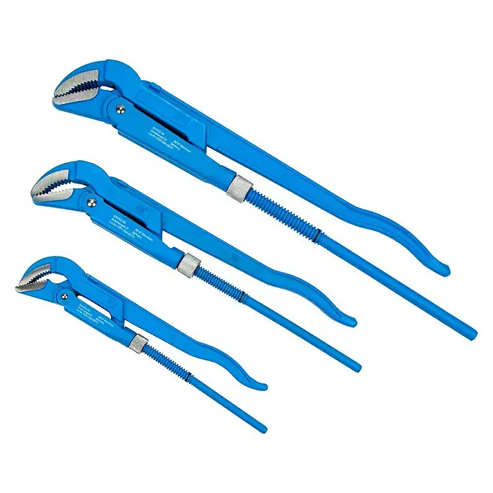 Alpha Tools Wasserpumpenzange - 3 -tlg., Stahl - Drei blaue Rohrzangen in verschiedenen Größen, die sich diagonal auf einem schwarzen Hintergrund befinden.