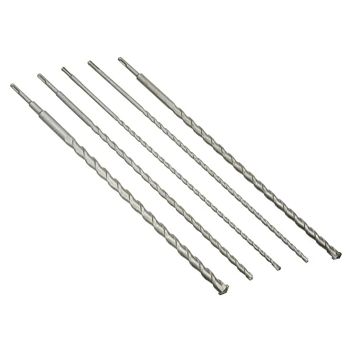 Alpha Tools Beton- & Steinbohrer - 5 -tlg. - Fünf Bohrer unterschiedlicher Größe liegen auf einer schwarzen Oberfläche. Die Bohrer haben eine spiralförmige Form.