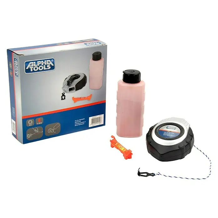 Alpha Tools Schlagschnurgerät - 3 -tlg., Länge Schnur: 30 m - Alpha Tools Markierhilfe Set mit Schlagschnur, Flasche mit Markierpulver und einer kleinen Wasserwaage für präzise Markierungen.