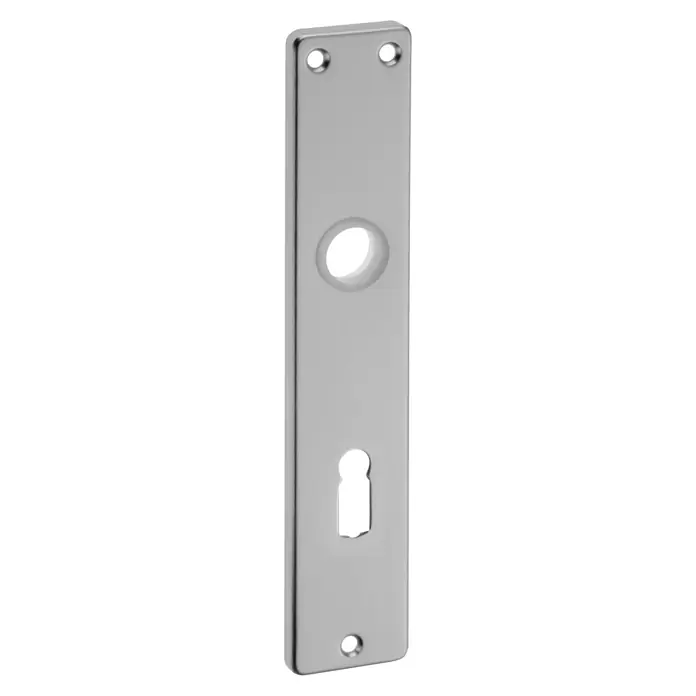 Portaferm Langschild - Distanznorm: 72 mm, Buntbart, Bronze, Eckig - Nahaufnahme einer glänzenden, rechteckigen Türschildgarnitur aus Metall mit Löchern für Griff und Schlüssel.