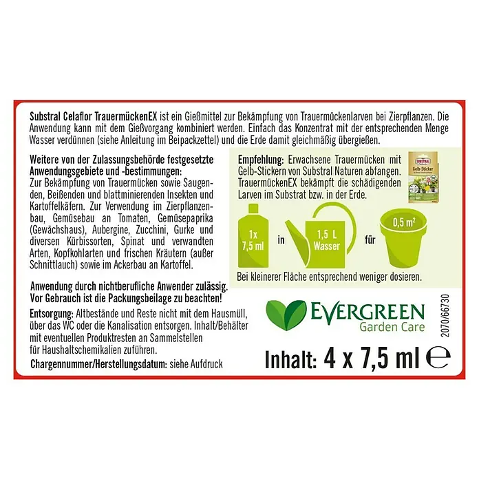 Substral Celaflor Schädlingsfrei Trauermücken EX - 4 Stk., 7,5 g - Abbildung der Substral Celaflor TrauermückenEX-Verpackung, einem Gießmittel zur Bekämpfung von Trauermückenlarven, mit Anwendungshinweisen.