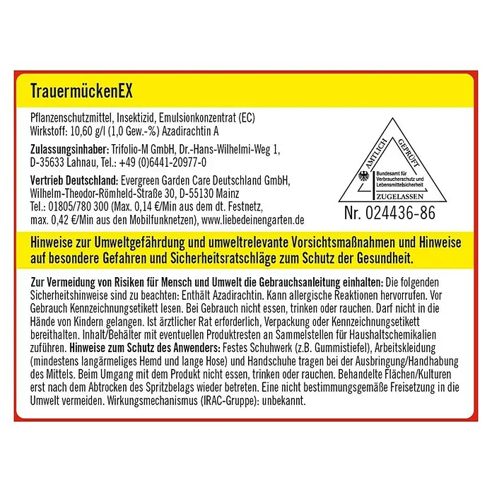 Substral Celaflor Schädlingsfrei Trauermücken EX - 4 Stk., 7,5 g - Abbildung des TrauermückenEX Etiketts, ein Schädlingsbekämpfungsmittel zur Bekämpfung von Trauermücken, mit Sicherheits- und Anwendungshinweisen.