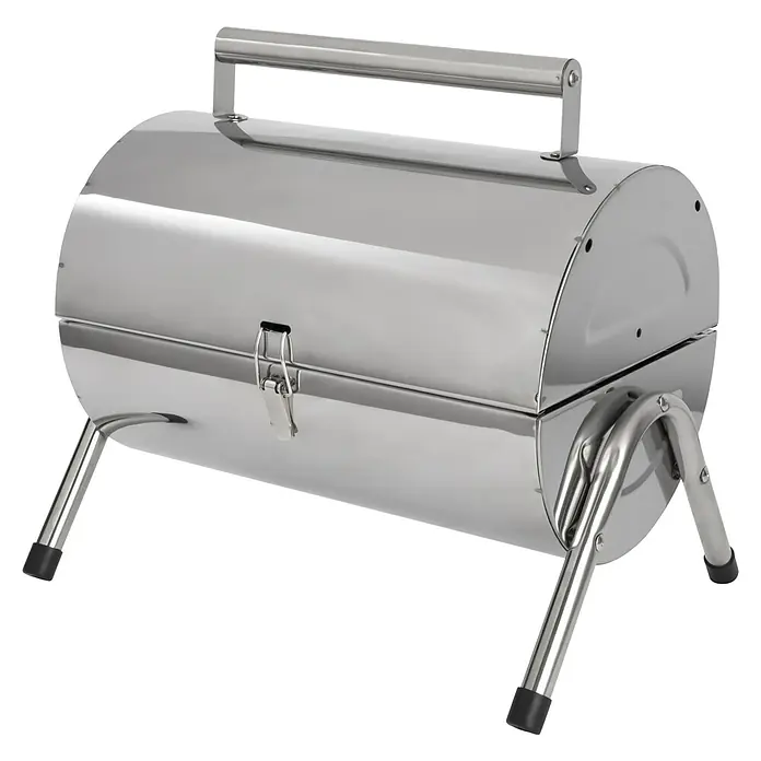 Grillstar Holzkohlegrill Dallas - Grillfläche (B x T): 34 x 22 cm, Silber - Bild einer tragbaren Edelstahl-Grillbox mit Griff und Beinen, ideal für Picknicks und Camping.