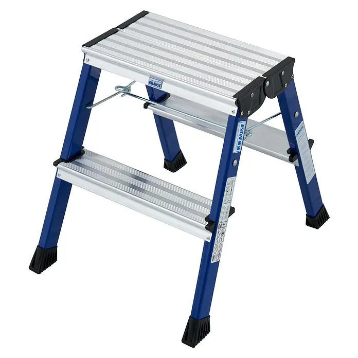 Krause Monto Klapptritt Rolly - Anzahl Tritte: 4 Stk., Arbeitshöhe: 2,45 m, Aluminium, Blau - Abgebildete ist eine blaue Krause Trittleiter mit silberfarbenen Trittflächen. Sie ist stabil und ideal für Arbeiten in geringer Höhe.