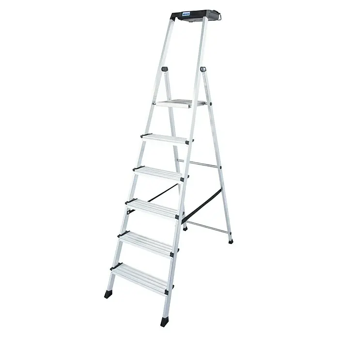 Krause Monto Stehleiter Secury MultiGrip - Anzahl Tritte: 6 Stk., Arbeitshöhe: 3,25 m, Belastbarkeit: 150 kg, Aluminium - Eine 6-Stufen-Aluminiumleiter von KRAUSE mit rutschfesten Stufen und Sicherheitsbügel für den vielseitigen Einsatz im Haushalt und Gewerbe.