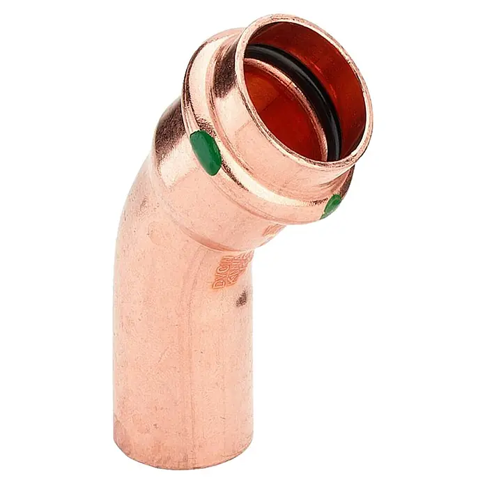 Viega Profipress Kupfer-Pressbogen IA - Durchmesser: 28 mm, Winkel: 45 ° - Kupferfitting mit einem 45-Grad-Winkelstück, ideal für Sanitärinstallationen und Heizungssysteme, mit grünen Markierungen für die Pressverbindung.