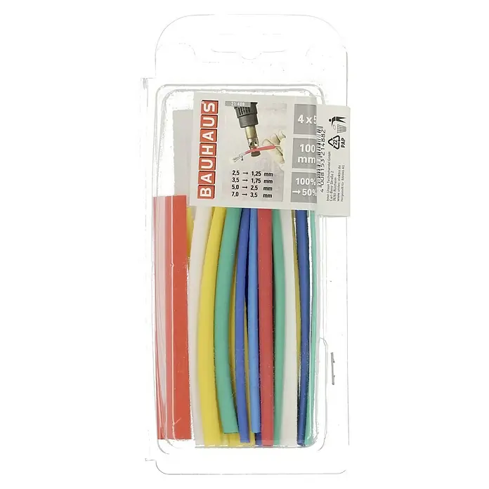 Voltomat Wärme-Schrumpfschlauch-Set - 4 -tlg., Gelb, Rot, Grün, Blau, Weiß, Schrumpftemperatur: 120 °C, Schrumpfrate: 2:1 - Eine Packung mit Schrumpfschläuchen in verschiedenen Farben und Größen von Bauhaus. Ideal für elektrische Anwendungen und Reparaturen.