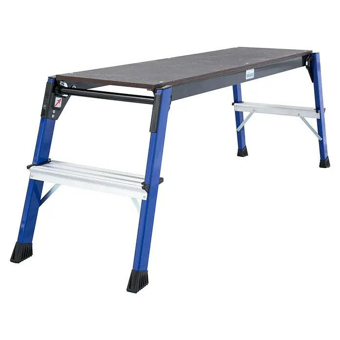 Krause Monto Arbeitsplattform StepTop - Anzahl Tritte: 1 Stk., Arbeitshöhe: 2,45 m, Aluminium - Bild einer Krause Arbeitsbühne aus blauem Aluminium mit einer rutschfesten Plattform. Ideal für sichere und flexible Arbeiten in verschiedenen Höhen.
