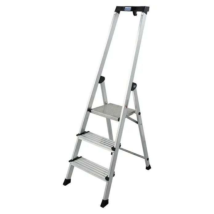 Krause PlusLine Stehleiter Safety - Anzahl Tritte: 3 Stk., Arbeitshöhe: 2,65 m, Aluminium - Krause Sicherheits-Stufenleiter mit drei Stufen, ideal für sicheres Arbeiten im Haushalt und Gewerbe.