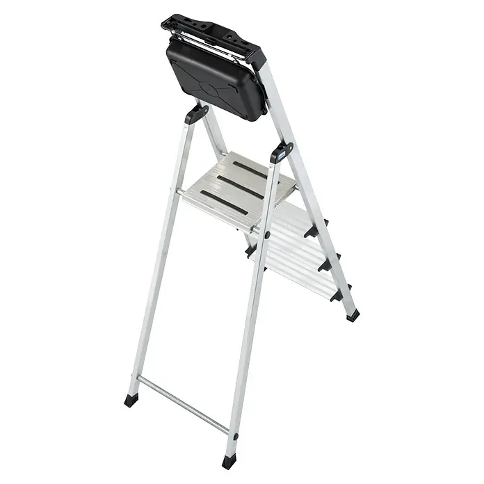 Krause Monto Stehleiter Secury MultiGrip - Anzahl Tritte: 4 Stk., Arbeitshöhe: 2,85 m, Belastbarkeit: 150 kg, Aluminium - Bild einer Trittleiter aus Aluminium mit zwei Stufen und einer Ablagefläche. Ideal für Arbeiten im Haushalt oder in der Werkstatt.