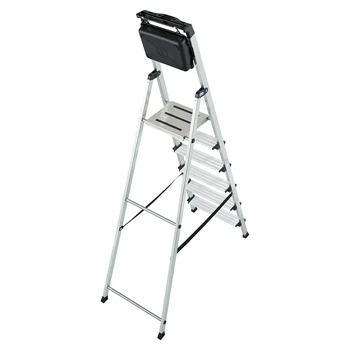 Krause Monto Stehleiter Secury MultiGrip - Anzahl Tritte: 6 Stk., Arbeitshöhe: 3,25 m, Belastbarkeit: 150 kg, Aluminium - Bild einer silbernen Trittleiter mit vier Stufen und einer Plattform, ideal für Hausarbeiten.