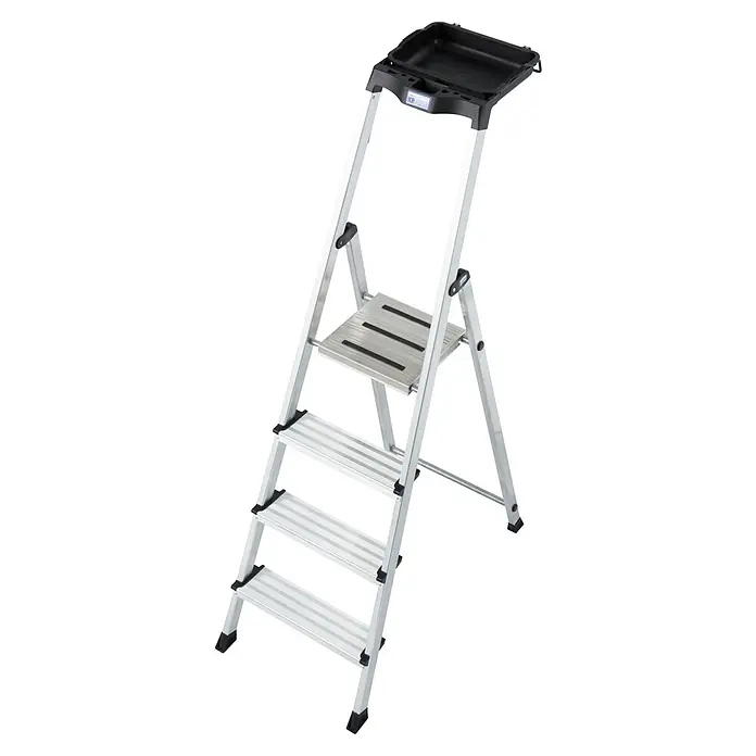Krause Monto Stehleiter Secury MultiGrip - Anzahl Tritte: 4 Stk., Arbeitshöhe: 2,85 m, Belastbarkeit: 150 kg, Aluminium - Aluminium-Trittleiter mit vier Stufen und Ablageschale. Ideal für den Haushalt, bietet Sicherheit und Komfort beim Erreichen höherer Stellen.