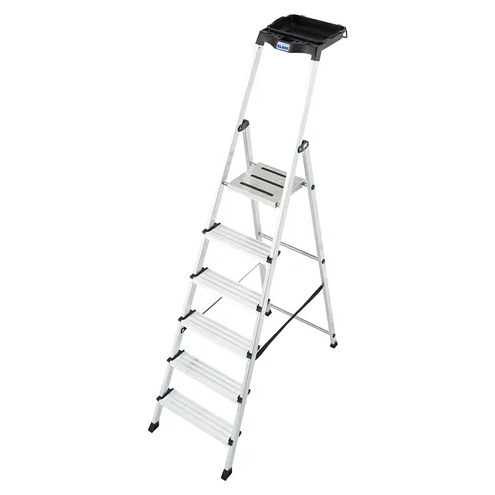 Krause Monto Stehleiter Secury MultiGrip - Anzahl Tritte: 6 Stk., Arbeitshöhe: 3,25 m, Belastbarkeit: 150 kg, Aluminium - Eine Klappleiter mit sechs Stufen und einer Ablageschale oben, ideal für Arbeiten in der Höhe. Die Leiter ist robust und bietet sicheren Stand.