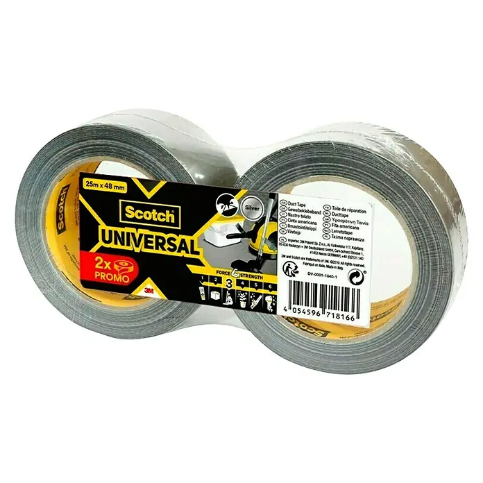 3M Cinta adhesiva universal Scotch americana - Gris, An x L: 48 mm x 25 m, 2 ud. - Paquete doble de cinta americana Scotch Universal, 25m x 48mm, color plata para uso versátil.