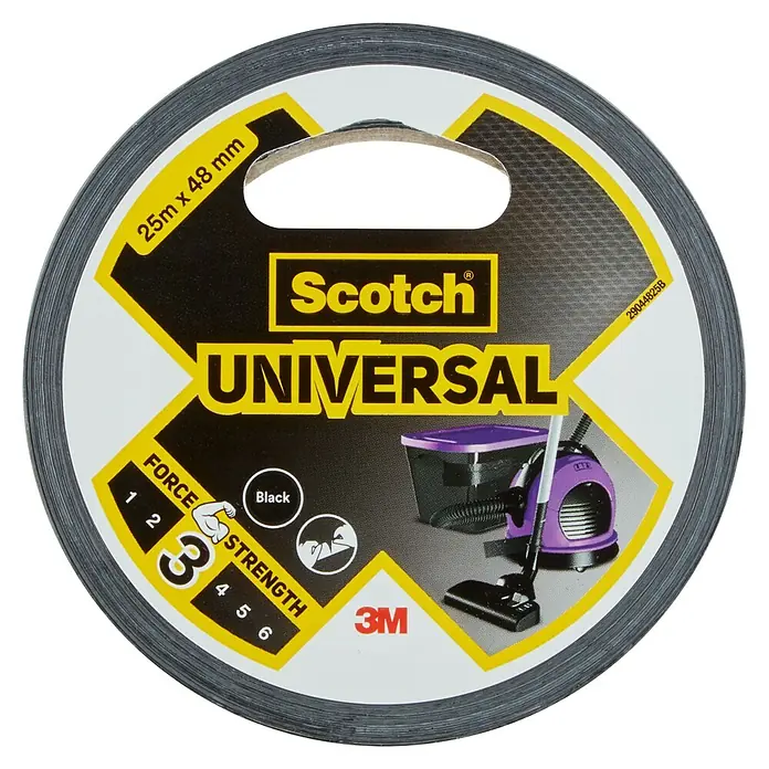 3M Cinta adhesiva universal Scotch americana - Negro, An x L: 48 mm x 25 m, 1 ud. - Un rollo de cinta adhesiva Scotch Universal, 25m x 48mm, con la inscripción "Force Strength 3" e imágenes de artículos para el hogar.