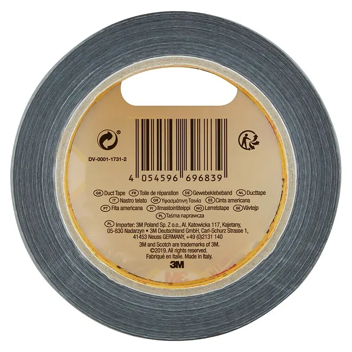 3M Cinta adhesiva universal Scotch americana - Negro, An x L: 48 mm x 25 m, 1 ud. - Rollo de cinta adhesiva gris 3M con información del producto y código de barras. Ideal para reparaciones y aplicaciones versátiles.