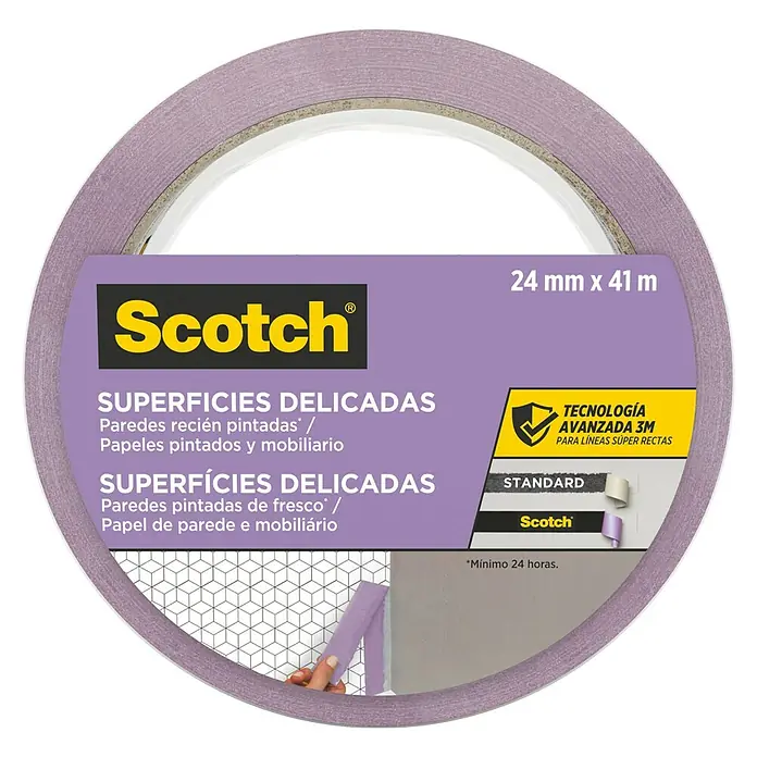 3M Cinta de enmascarar Scotch para superficies delicadas - Lila, An x L: 24 mm x 41 m - Cinta de enmascarar para superficies delicadas Scotch, 24 mm x 41 m, ideal para paredes recién pintadas y superficies delicadas.