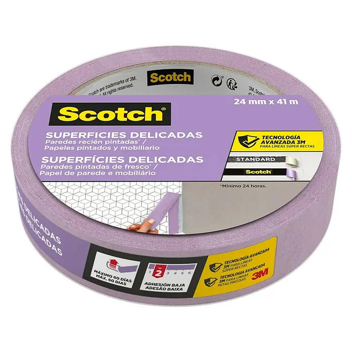 3M Cinta de enmascarar Scotch para superficies delicadas - Lila, An x L: 24 mm x 41 m - Cinta de enmascarar Scotch para superficies delicadas, 24 mm x 41 m. Ideal para paredes recién pintadas, líneas súper rectas.