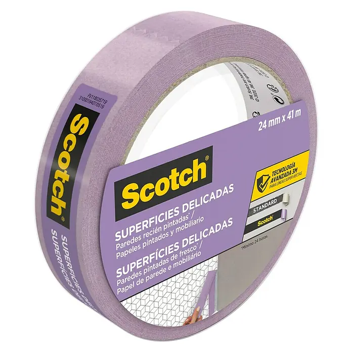 3M Cinta de enmascarar Scotch para superficies delicadas - Lila, An x L: 24 mm x 41 m - Primer plano de un rollo de cinta de pintor Scotch Delicate Surfaces, ideal para superficies delicadas y paredes recién pintadas.