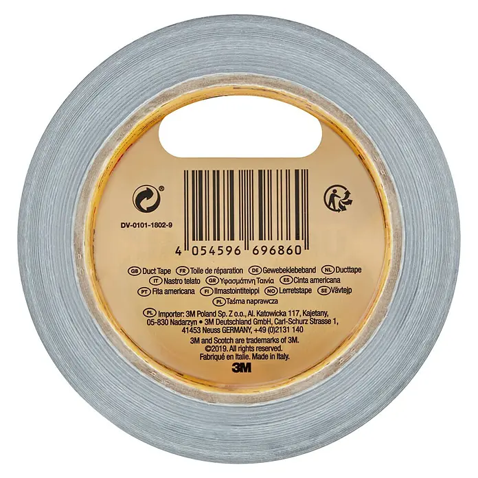 3M Cinta adhesiva universal Scotch americana - Gris, An x L: 48 mm x 25 m, 1 ud. - Primer plano de un rollo de cinta americana 3M, ideal para reparaciones y uso versátil en el hogar y para manualidades.