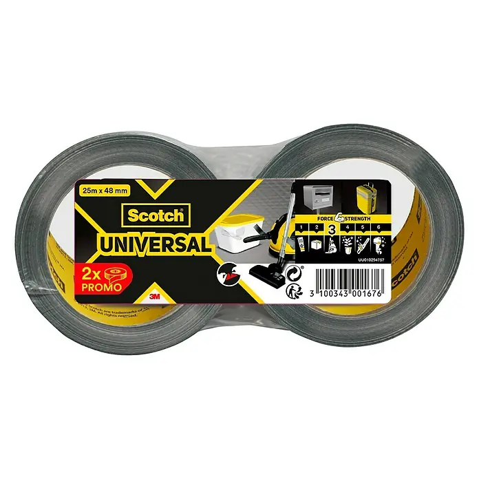 3M Cinta adhesiva universal Scotch americana - Gris, An x L: 48 mm x 25 m, 2 ud. - Paquete doble de cinta americana Scotch Universal. Cinta resistente y multiusos para reparaciones, fijación y embalaje, apta para interiores y exteriores.
