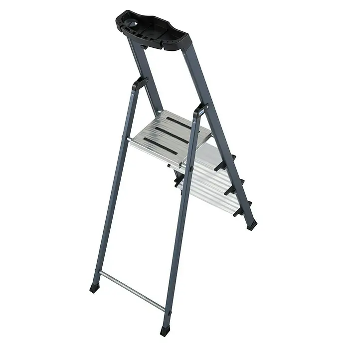 Krause Monto Stehleiter Securo - Arbeitshöhe: 2,85 m, Anzahl Tritte: 4 Stk., Belastbarkeit: 150 kg, Aluminium - Eine graue, freistehende Trittleiter mit zwei Stufen und einer schwarzen Ablagefläche oben. Die Leiter ist auf einem schwarzen Hintergrund platziert.