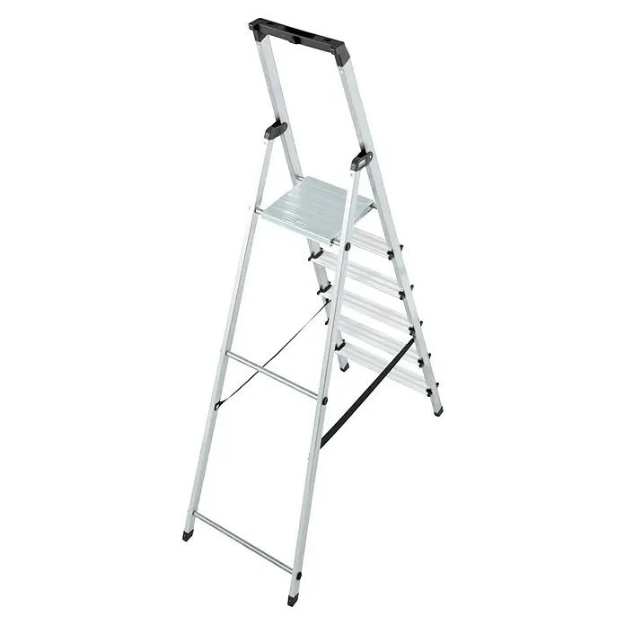 Krause Monto Stehleiter Solidy - Arbeitshöhe: 3,25 m, Anzahl Tritte: 6 Stk., Belastbarkeit: 150 kg, Aluminium - Silberne Trittleiter mit schwarzem Griffbügel und Stufen. Ideal für den Haushalt und sicheres Erreichen höherer Stellen.