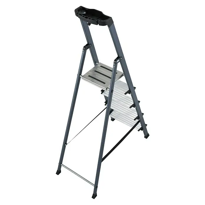 Krause Monto Stehleiter Securo - Arbeitshöhe: 3,05 m, Anzahl Tritte: 5 Stk., Belastbarkeit: 150 kg, Aluminium - Bild einer grauen Trittleiter mit drei Stufen und einer Ablagefläche oben. Ideal für den Haushalt oder kleine Arbeiten.