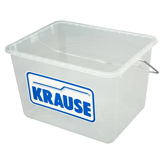 Krause Monto Eimer Secury MultiGrip - Passend für: Krause Monto Stufenstehleiter Secury MultiGrip, Fassungsvermögen: 8 l, Transparent - Transparenter Krause-Eimer mit blauem Logo und Metallgriff, ideal für verschiedene Anwendungen.