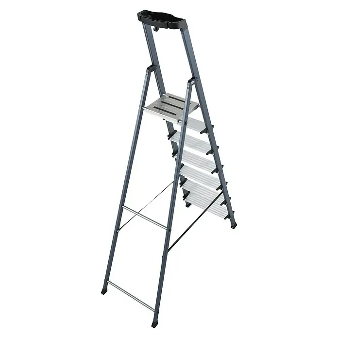 Krause Monto Stehleiter Securo - Arbeitshöhe: 3,5 m, Anzahl Tritte: 7 Stk., Belastbarkeit: 150 kg, Aluminium - Eine graue Trittleiter mit vier Stufen und einem Haltegriff. Die Leiter ist ideal für den Einsatz im Haushalt oder in der Werkstatt.