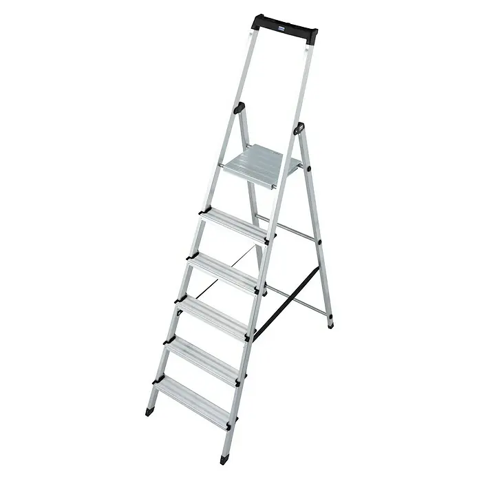 Krause Monto Stehleiter Solidy - Arbeitshöhe: 3,25 m, Anzahl Tritte: 6 Stk., Belastbarkeit: 150 kg, Aluminium - Eine silberfarbene Klapptrittleiter mit fünf Stufen und einem Haltegriff bietet Stabilität und Komfort für Arbeiten in der Höhe.