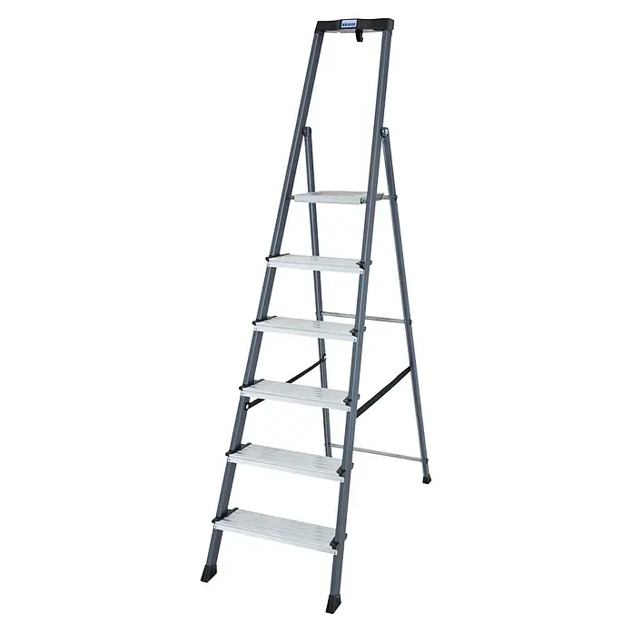 Krause Monto Stehleiter Securo - Arbeitshöhe: 3,25 m, Anzahl Tritte: 6 Stk., Belastbarkeit: 150 kg, Aluminium - Bild einer sechsstufigen Krause-Leiter mit grauem Rahmen und weißen Stufen, ideal für Haus- und Gartenarbeiten.