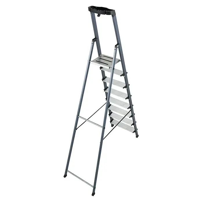 Krause Monto Stehleiter Securo - Arbeitshöhe: 3,7 m, Anzahl Tritte: 8 Stk., Belastbarkeit: 150 kg, Aluminium - Graue Trittleiter mit Stufen und Haltegriff, ideal für Arbeiten im Haushalt und im Garten.