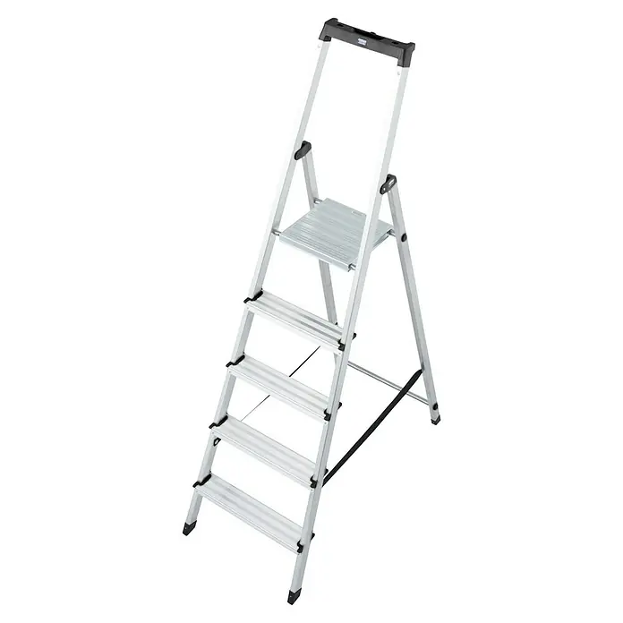Krause Monto Stehleiter Solidy - Arbeitshöhe: 3,05 m, Anzahl Tritte: 5 Stk., Belastbarkeit: 150 kg, Aluminium - Silberne Trittleiter mit fünf Stufen und einer Plattform. Ideal für den Heimgebrauch und leichte Arbeiten.
