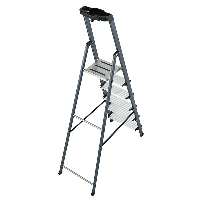 Krause Monto Stehleiter Securo - Arbeitshöhe: 3,25 m, Anzahl Tritte: 6 Stk., Belastbarkeit: 150 kg, Aluminium - Graue Trittleiter mit drei Stufen und einer Ablagefläche oben für den Heimgebrauch oder für leichte Arbeiten im Haushalt.