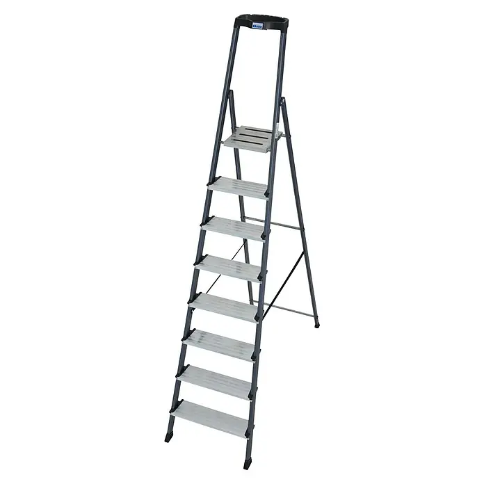 Krause Monto Stehleiter Securo - Arbeitshöhe: 3,7 m, Anzahl Tritte: 8 Stk., Belastbarkeit: 150 kg, Aluminium - Krause Sicherheits-Stehleiter aus Aluminium mit sieben Stufen für sicheres Arbeiten in verschiedenen Höhen, ideal für Heimwerker und Profis.