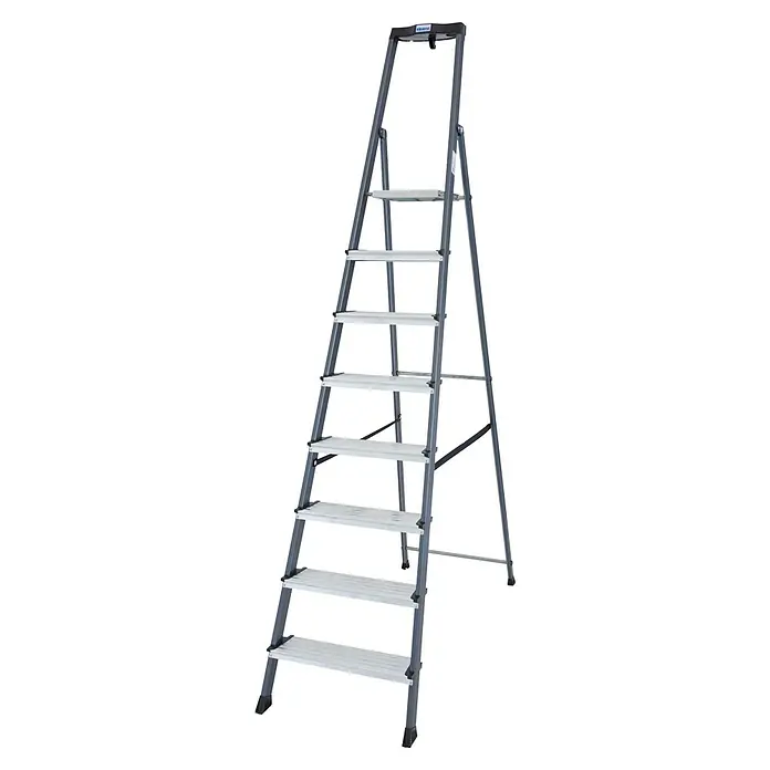 Krause Monto Stehleiter Securo - Arbeitshöhe: 3,7 m, Anzahl Tritte: 8 Stk., Belastbarkeit: 150 kg, Aluminium - Eine graue, freistehende Leiter mit sieben Stufen. Sie ist ideal für Arbeiten im Haushalt oder im Garten und leicht zu verstauen.