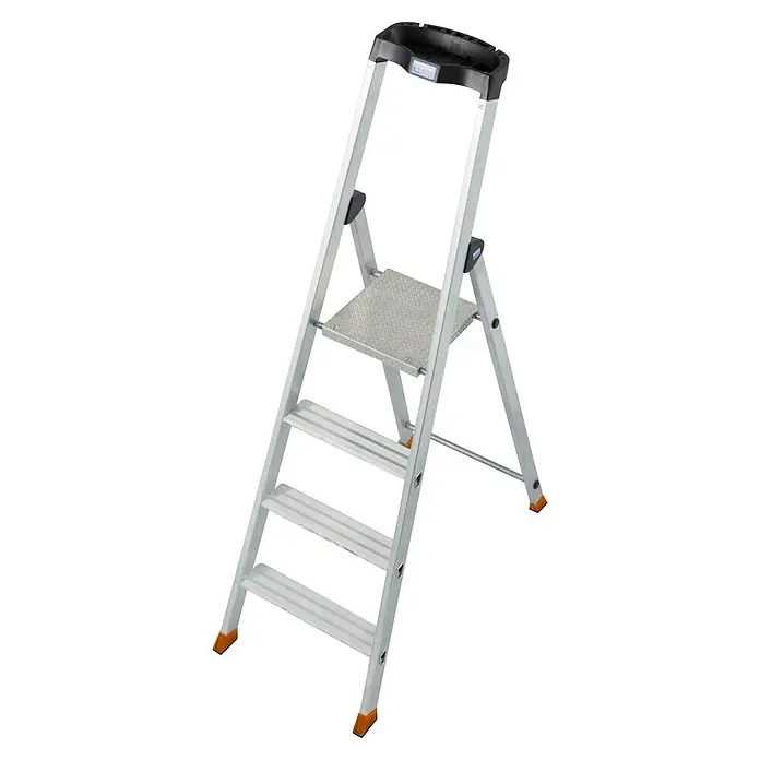 Krause Monto Stehleiter Solido - Anzahl Tritte: 4 Stk., Arbeitshöhe: 2,85 m, Aluminium - Bild einer Aluminium-Trittleiter mit vier Stufen und einer Plattform, ideal für den Heimgebrauch und leichte Aufgaben.