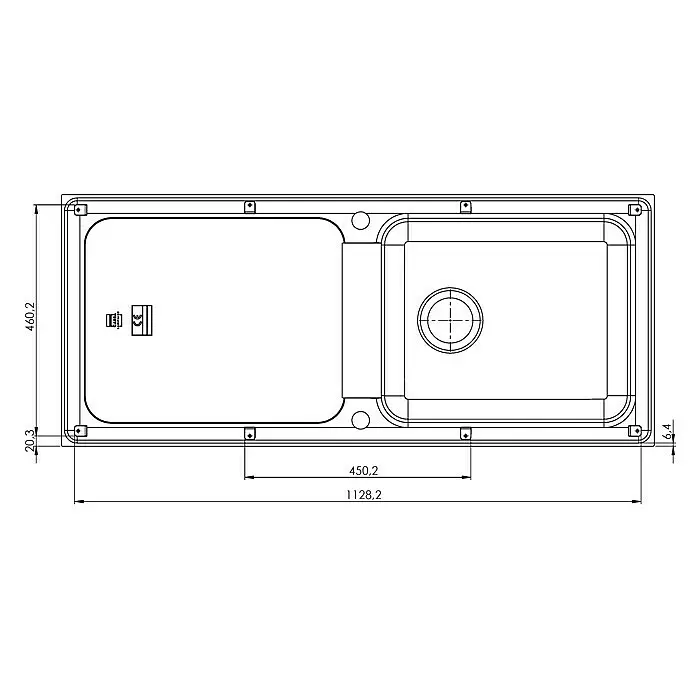 Carea Fregadero encastrable Botia - 118 x 50 cm, Gris hormigón, Material del fregadero: CAREAgranit® - Dibujo técnico superior de un fregadero de cocina doble con dos cubetas y dimensiones.