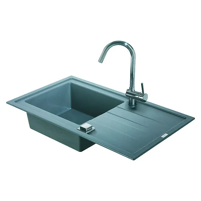 Carea Einbauspüle Tango - 86 x 50 cm, Betongrau, Material Spüle: CAREAgranit® - Spültisch aus robustem Material mit praktischer Abtropffläche und modernem Wasserhahn für eine effiziente Küchenarbeit.