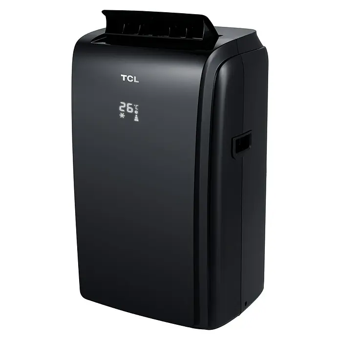 TCL Aire acondicionado portátil - 3.200 W, Tamaño de la estancia: 35 m², Negro - Imagen de un aire acondicionado TCL negro con pantalla digital. Diseño elegante y portátil para una refrigeración eficiente en toda la casa.